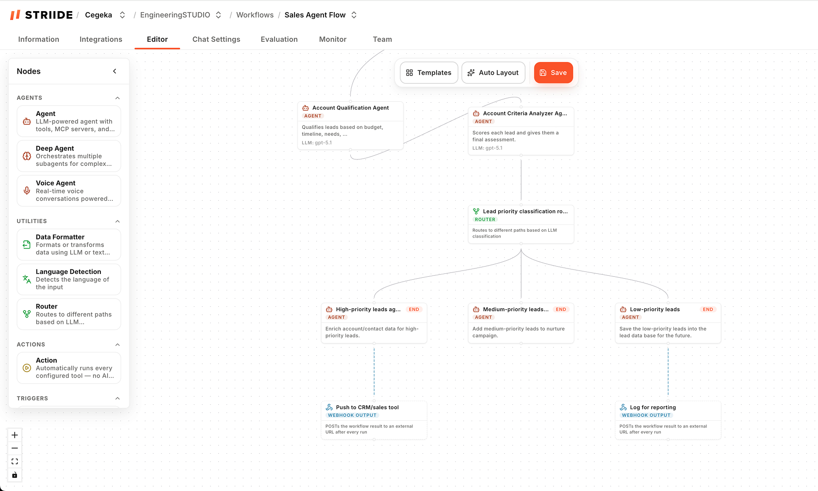 STRIIDE workflow editor showing multi-agent orchestration with routing and handoffs